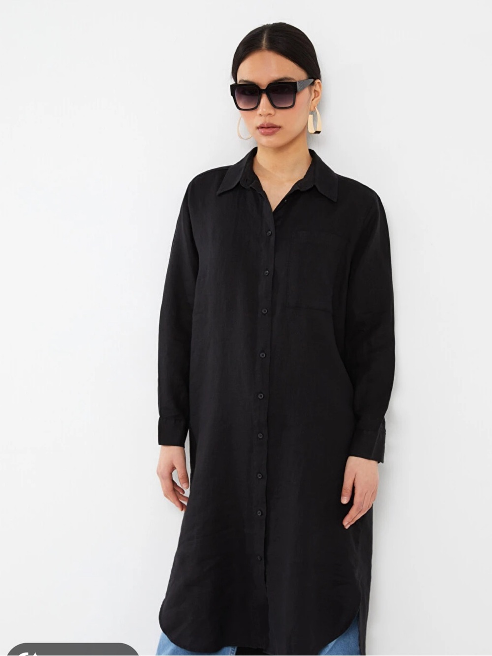 The Drop Black Long Button-Down Shirt Dress 100% Linen